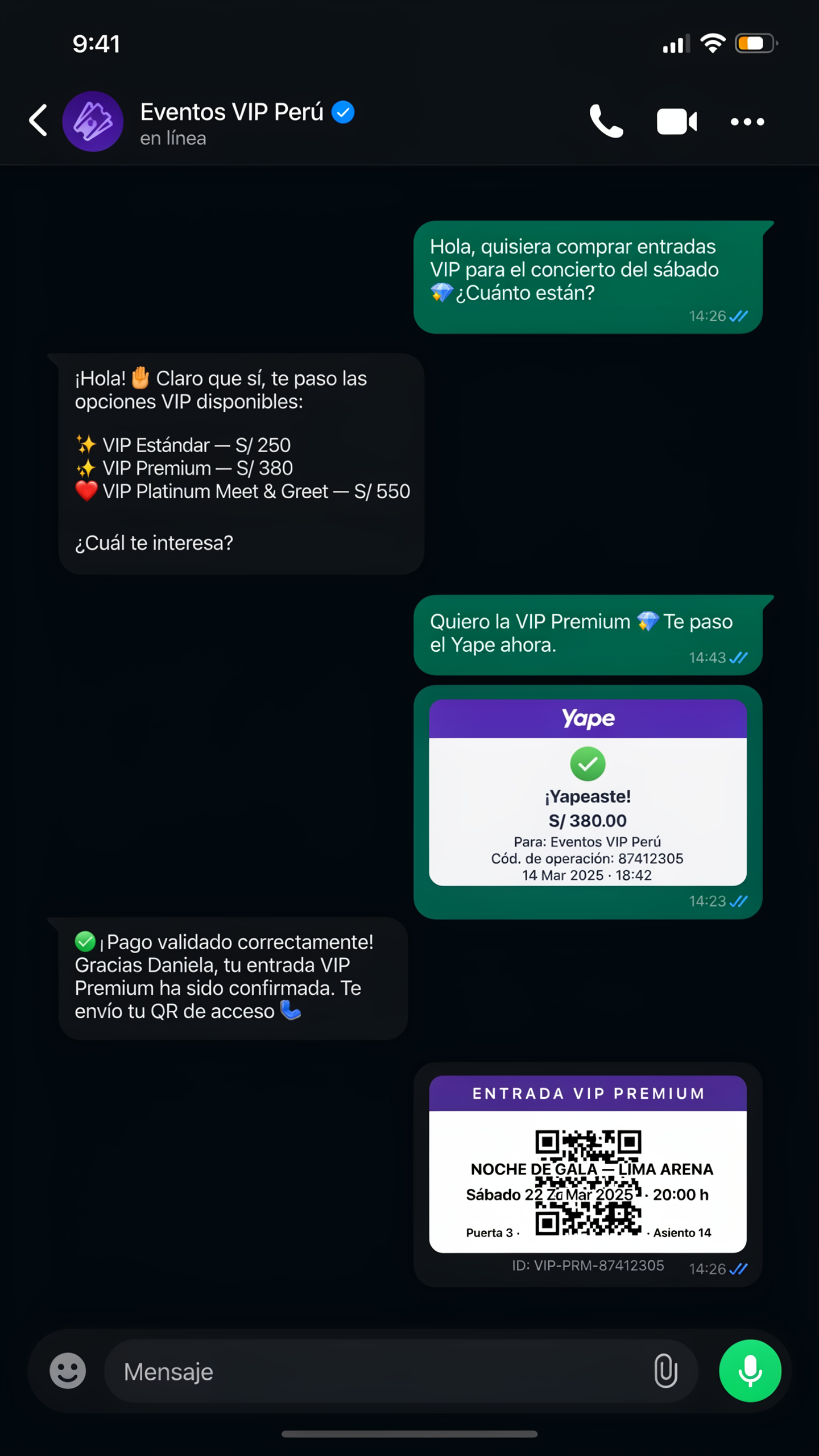 Conversación WhatsApp con validación Yape